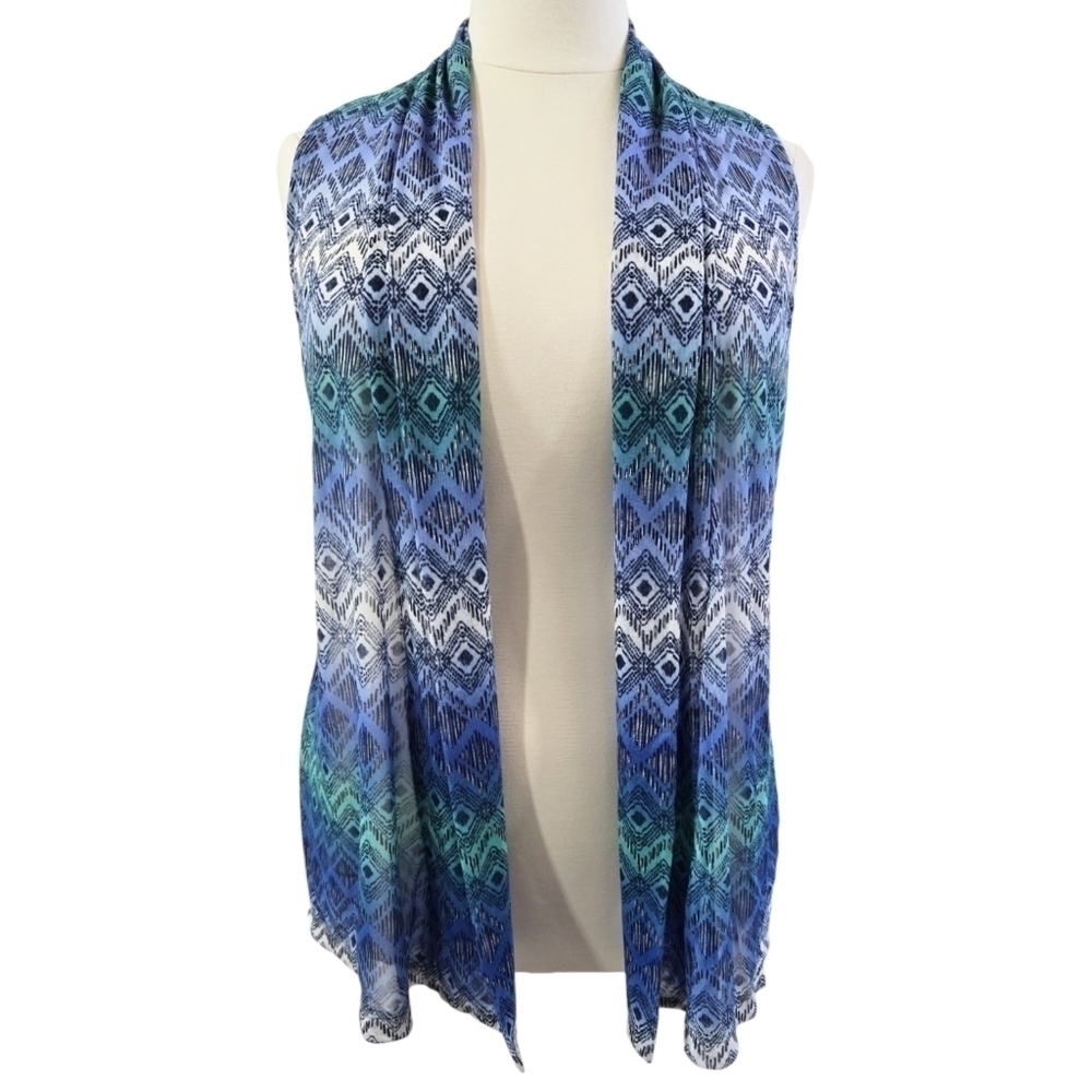 Chico's Travelers Collection Blue Boho Geo Diamond Mesh Lightweight Vest